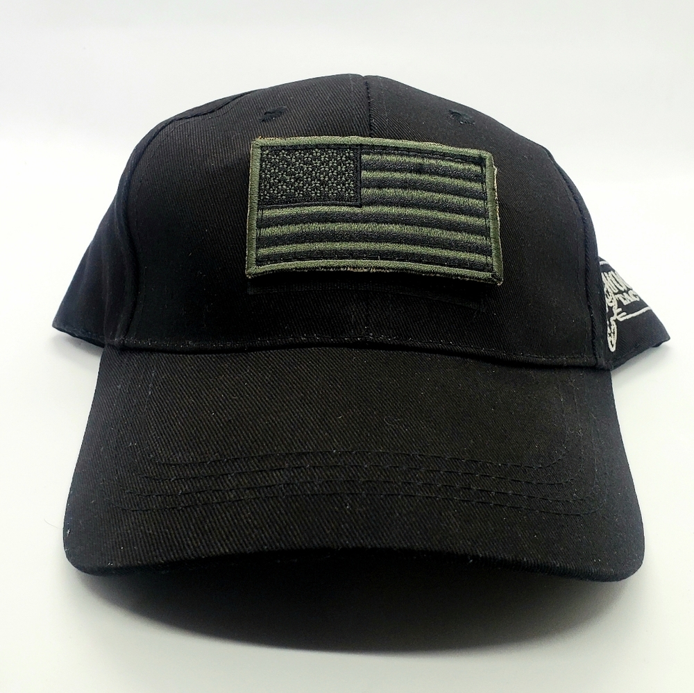 NWT Voodoo Tactical Black Adjustable Hat with removable flag moral patch
